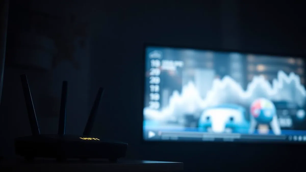 Roteador Wi-Fi em primeiro plano com uma TV transmitindo vídeo ao fundo