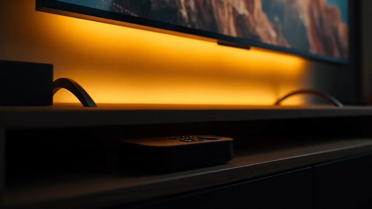 TV Box com controle remoto em rack de madeira sob uma TV moderna