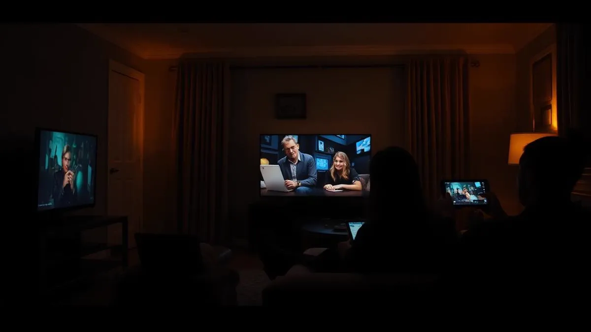 Família assistindo a conteúdos diferentes em TV, tablet e celular na mesma casa