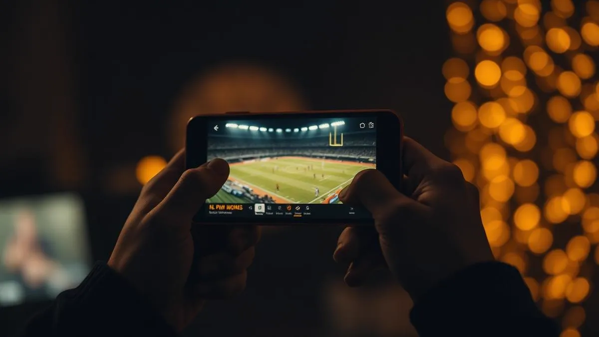 Mãos segurando um celular que exibe uma transmissão de futebol ao vivo