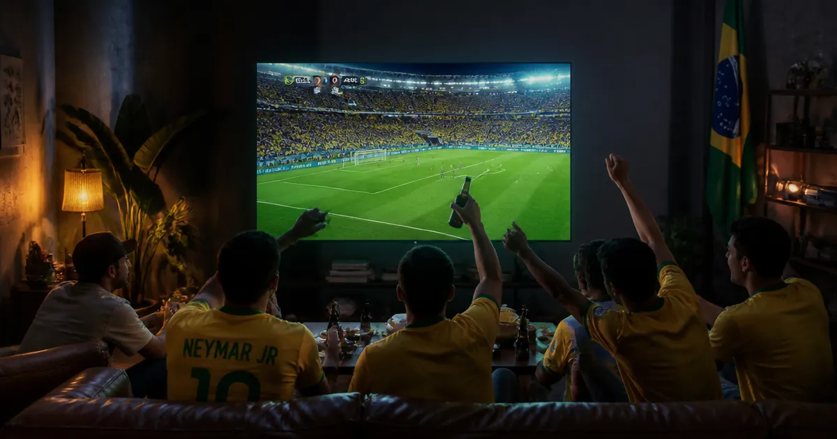 Torcedores assistindo a uma partida de futebol ao vivo em IPTV na televisão