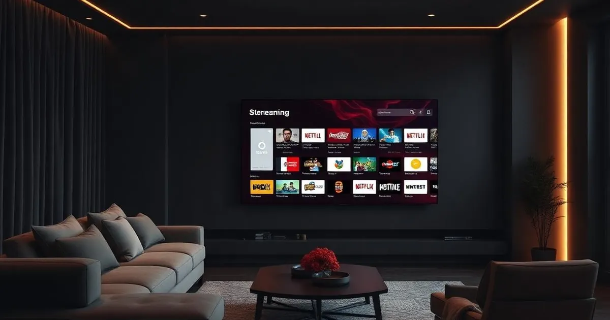 Smart TV moderna instalada na sala reproduzindo IPTV em alta definição