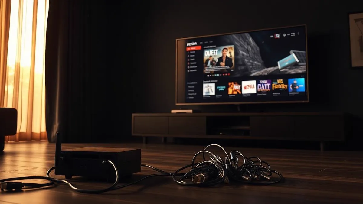 Sala escura com TV moderna ao lado de um decodificador antigo de TV a cabo