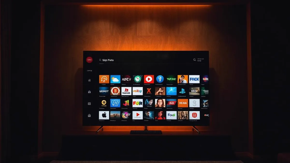 Smart TV exibindo uma grade de ícones de aplicativos de streaming