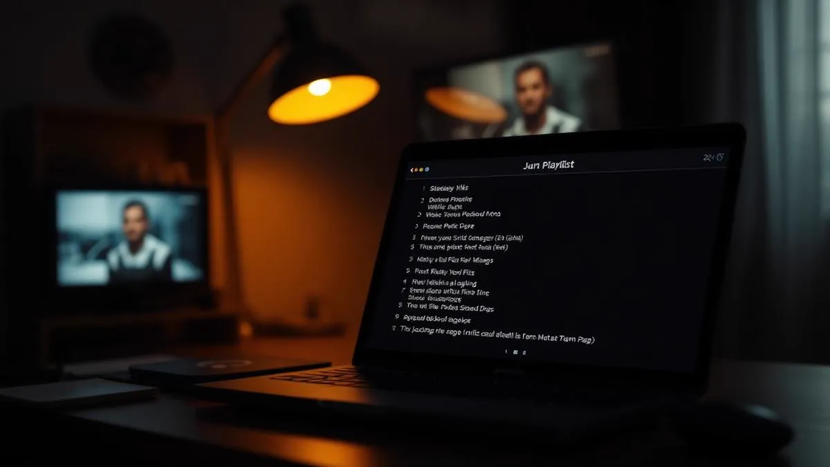 Notebook exibindo o conteúdo de um arquivo de playlist ao lado de uma TV ligada